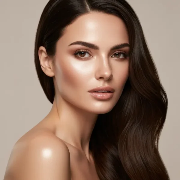 אישה עם עור זוהר ומטופח, חיוך עדין, תמונה כללית המדגישה אסתטיקה וטיפוח עור, מתאימה לנושא אקנה מבוגרים טיפול.