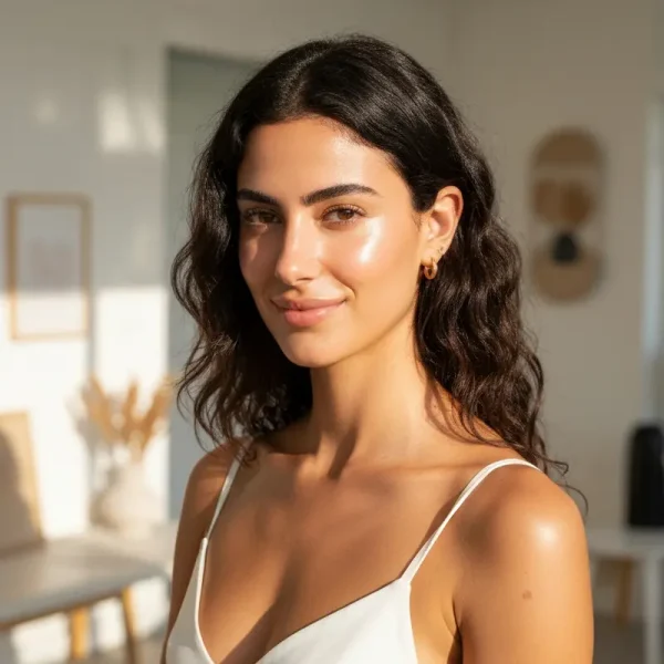 אישה עם עור זוהר לאחר טיפול באקנה הורמונלי