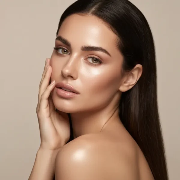 אישה עם עור פנים זוהר ובריא המודגש על ידי שימוש במוצרי פפטידים לעור הפנים, עם אסתטיקה נקייה ופרמיום.