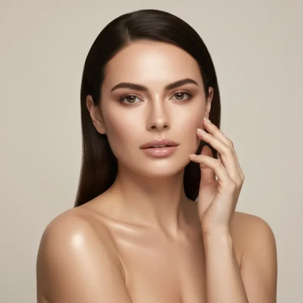 אישה עם עור פנים זוהר ובריא, ללא מיליה, מראה טיפול מניעה