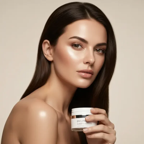 אישה עם עור פנים זוהר ומטופח, המחזיקה בקבוקון סרום עדין המרמז על תיקון מחסום עור סוגים שונים