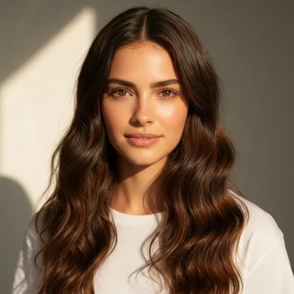 אישה עם שיער ארוך וזוהר נוגעת בעדינות בקרקפת בריאה שלה.