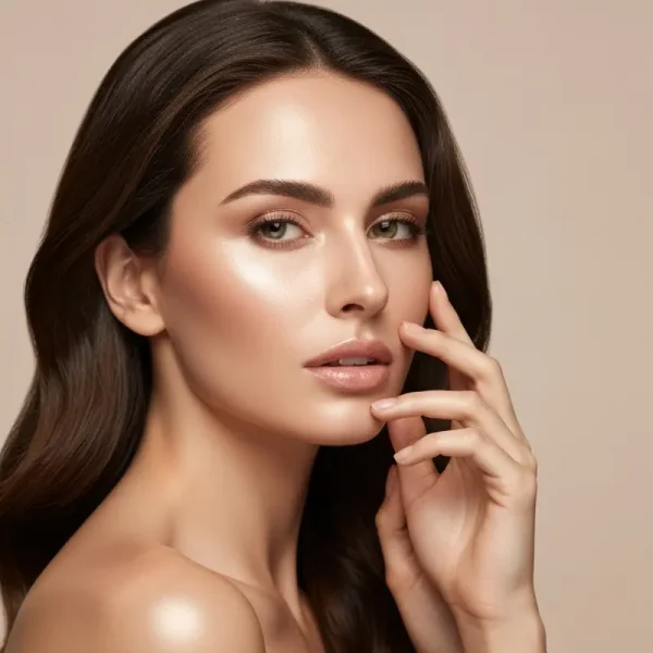 אישה עם שיער גולש ומבריק, מעסה בעדינות את קרקפתה עם סרום קרקפת מומלץ בבקבוק עם טפטפת.