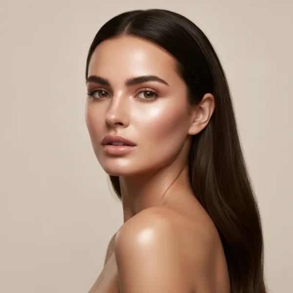 אישה עם שיער חלק ומבריק ללא חשמל סטטי בשיער, רקע אסתטי נקי