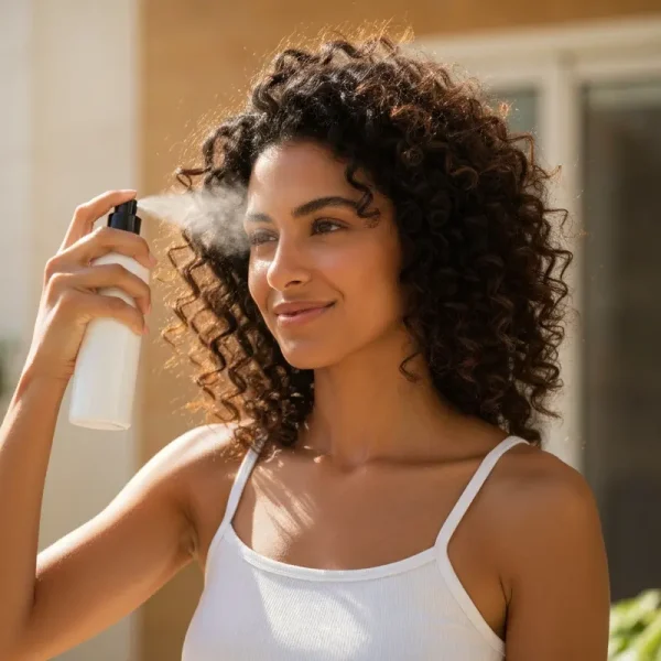 אישה עם תלתלים מרעננת תלתלים בבוקר עם ספריי