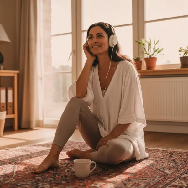 אישה צעירה מאזינה לפודקאסטים מומלצים להתפתחות אישית בפינה אסתטית