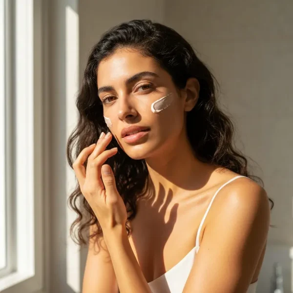 אישה צעירה מבצעת התאמת שגרת טיפוח לעונה בחורף