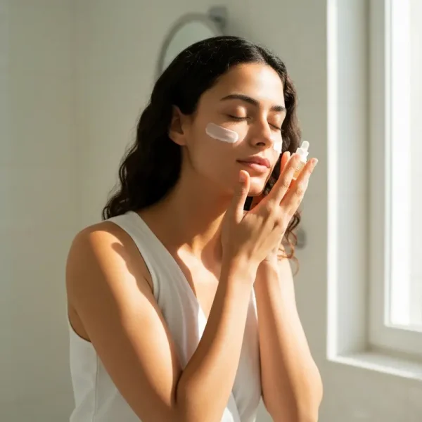 אישה צעירה מבצעת טקס בוקר טיפוח רוגע ליד חלון