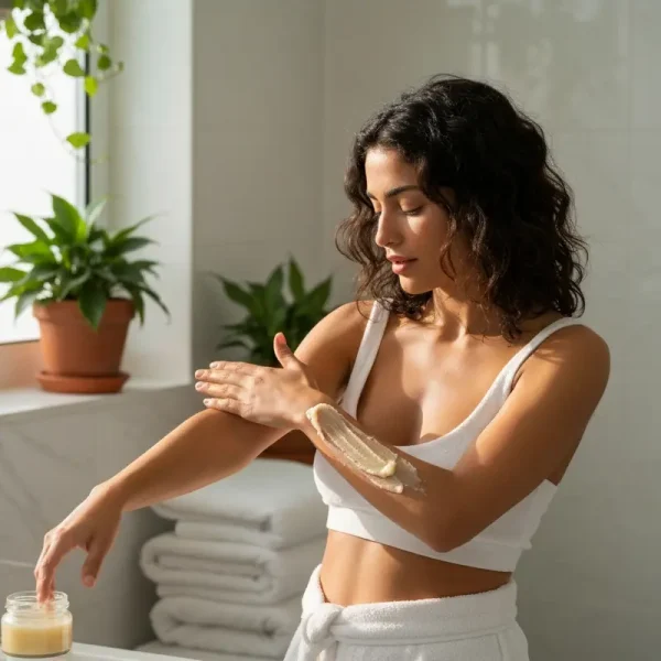 אישה צעירה מבצעת פילינג גוף בבית עם חיוך