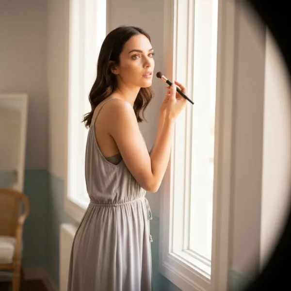 אישה צעירה מורחת איפור ליום יום טבעי בבוקר.