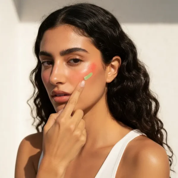 אישה צעירה מורחת קולור קורקטינג איפור ירוק על אדמומיות