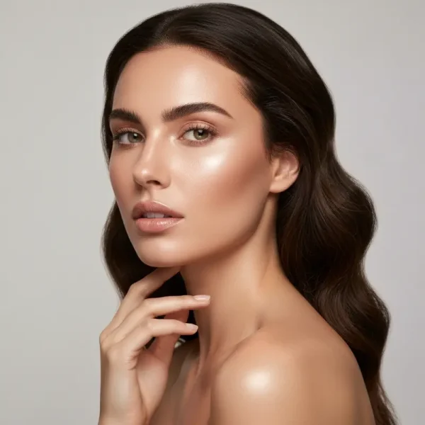 אישה צעירה מטופחת מנקה בעדינות את קו הריסים שלה עם תכשיר ייעודי, מחזיקה מברשת ניקוי ריסים. דגש על ניקוי קו ריסים ושמירה על היגיינה.