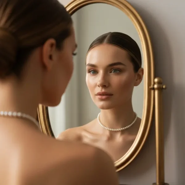 אישה צעירה מטופחת עם עור זוהר, מתבוננת בראי, משקפת את תוצאות ה-Skin Cycling טיפוח.
