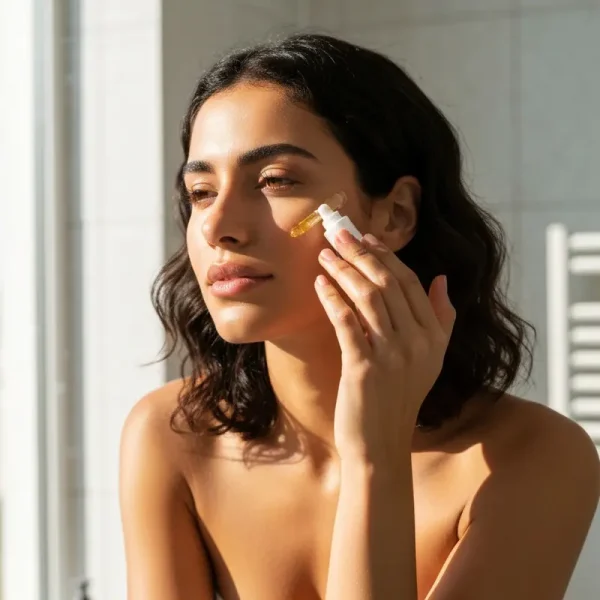 אישה צעירה מטפלת בפיגמנטציה בבית עם סרום לפנים