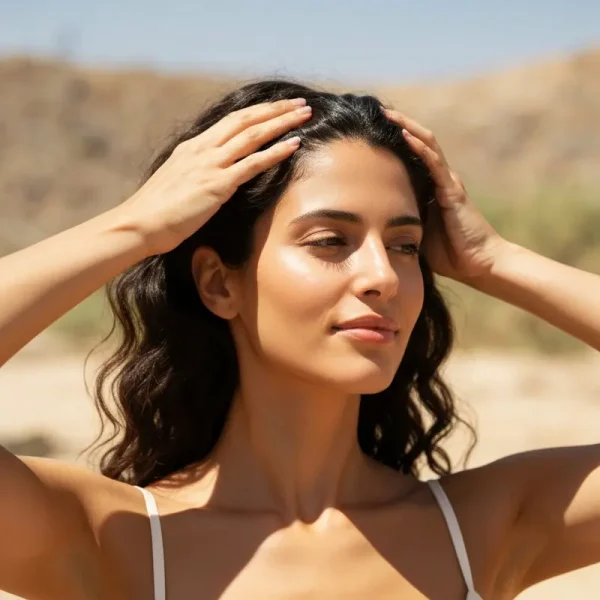 אישה צעירה מעסה את קרקפתה בעדינות למניעת נשירת שיער.