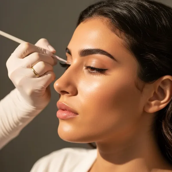 אישה צעירה מעצבת גבות באיפור קבוע בגבות