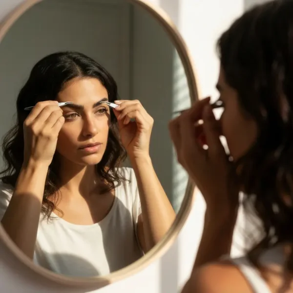 אישה צעירה מעצבת גבות בבית במראה טבעי