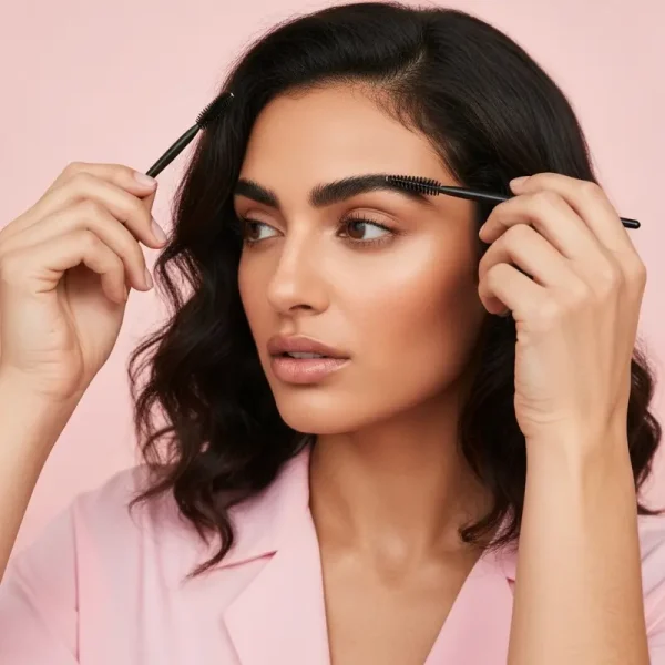 אישה צעירה מעצבת גבות בבית במראה טבעי