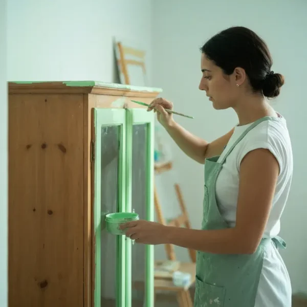 אישה צעירה מעצבת חידוש רהיטים בבית בצבעי פסטל רכים