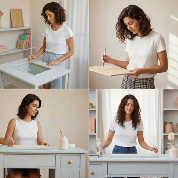 אישה צעירה מעצבת רהיט ישן, חידוש רהיטים בבית