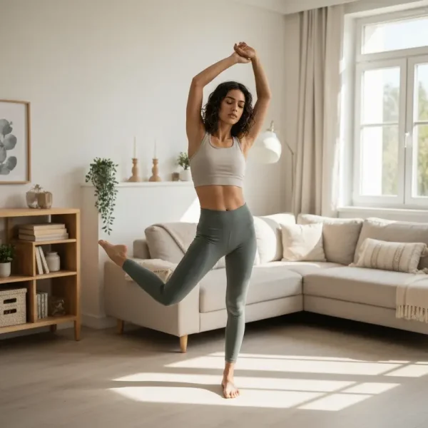 אישה צעירה עושה שילוב כושר בשגרה בבית
