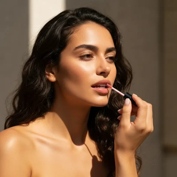 אישה צעירה עם איפור לשפתיים מלאות ומראה טבעי.