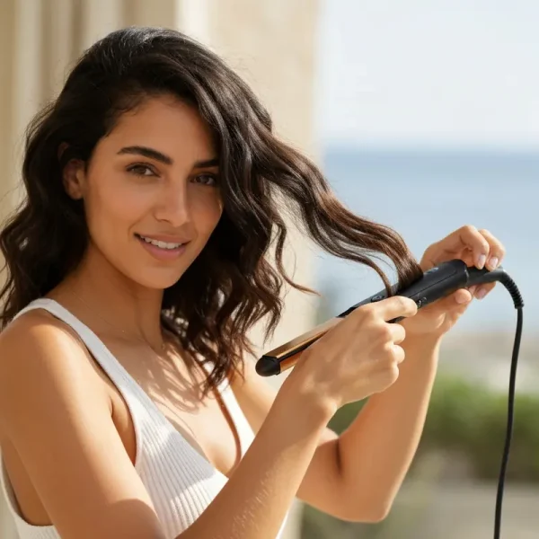 אישה צעירה עם גלים בשיער עם מחליק במראה טבעי