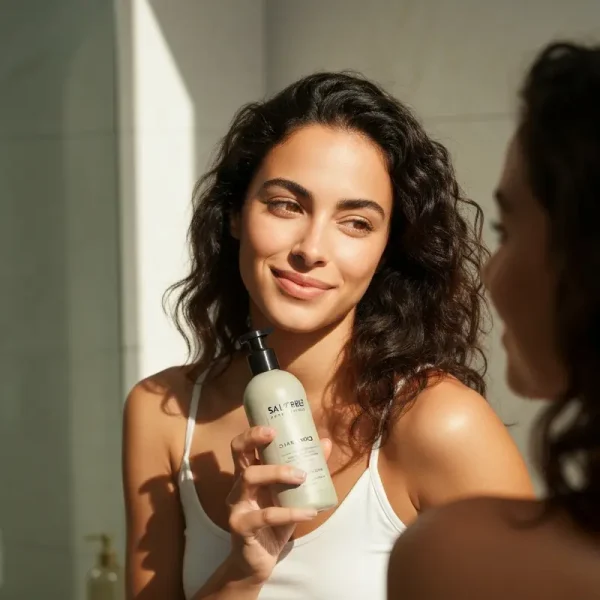 אישה צעירה עם שיער זוהר משתמשת בשמפו ללא מלחים מומלץ