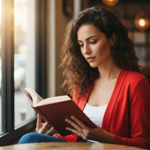 אישה קוראת ספרים מומלצים לנשים בבית קפה אסתטי