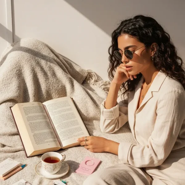 אישה קוראת ספרים מומלצים לנשים בפינה אסתטית