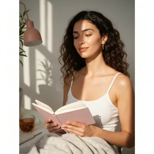 אישה רגועה עושה דיטוקס דיגיטלי לעור זוהר