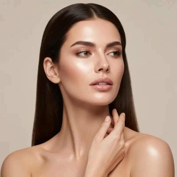 שגרת טיפוח ערב יוקרתית להתחדשות עור לילית, עם מוצרים על שידה אלגנטית.